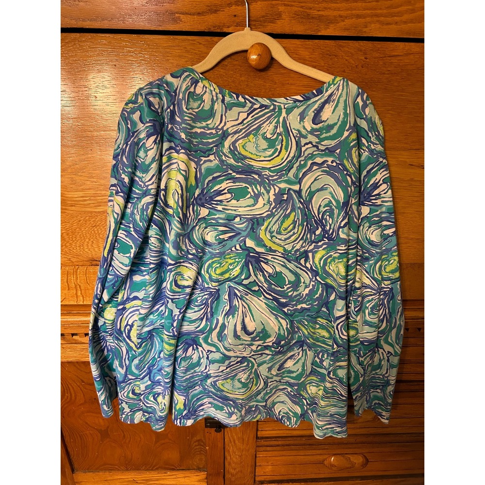 Lilly Pulitzer XL Blue Green Oyster Bay Pima Cotton Henley Top Palm Beach Chic - Picture 2 of 9